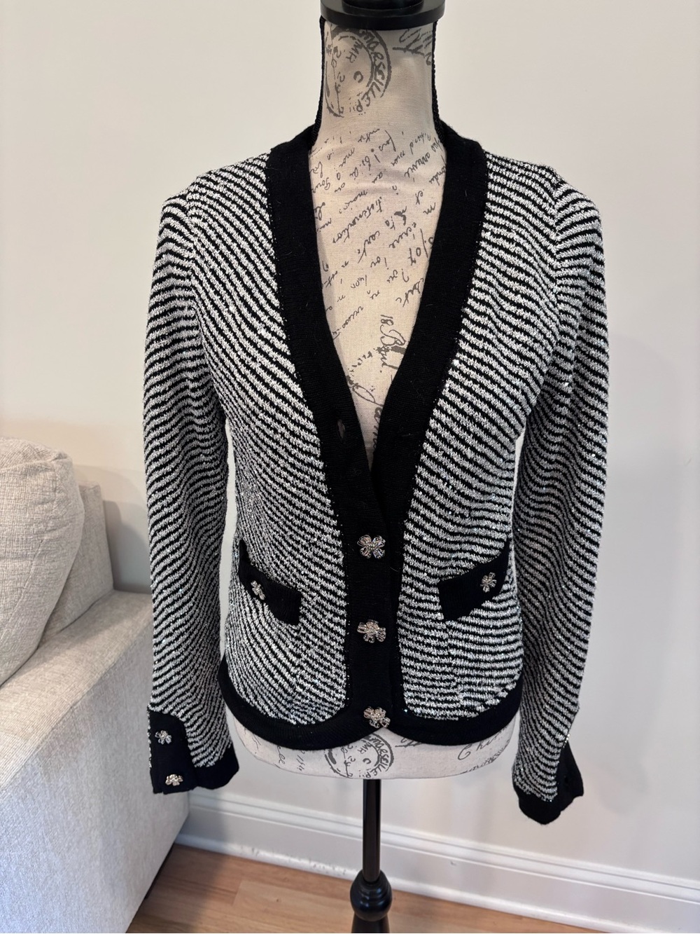 Metallic silver and black cardigan size 38 NWT missing some buttons as pictured